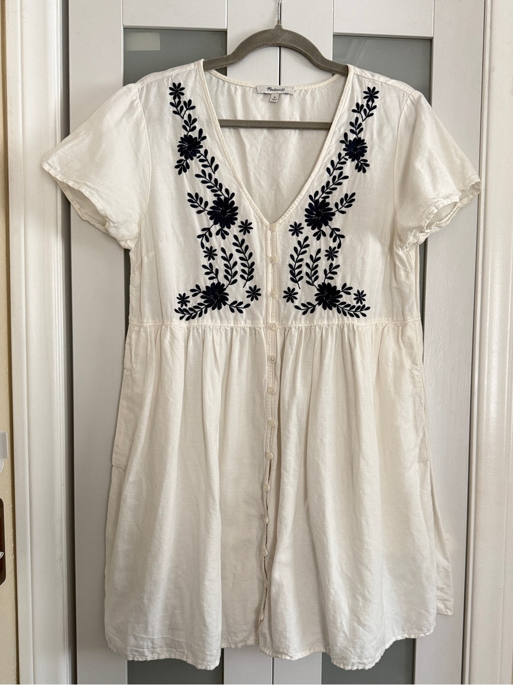 Madewell Alexandra Embroidered Linen Blend Babydoll Dress M Ivory Navy Floral